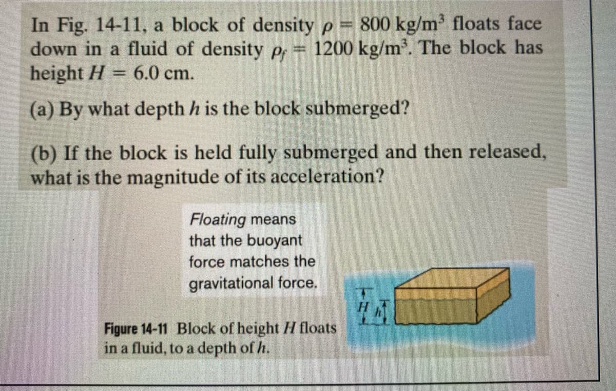 In Fig. 14-11, a block of density p = 800 kg/m floats face
down in a fluid of density p, =
height H = 6.0 cm.
1200 kg/m. The block has
%3D
(a) By what depth h is the block submerged?
(b) If the block is held fully submerged and then released,
what is the magnitude of its acceleration?
Floating means
that the buoyant
force matches the
gravitational force.
Figure 14-11 Block of height H floats
in a fluid, to a depth of h.
