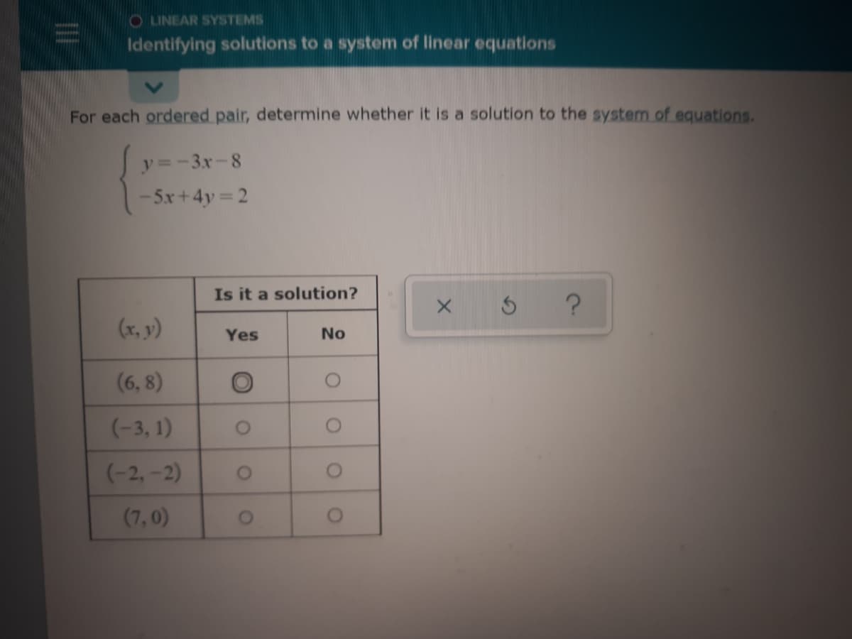 O LINEAR SYSTEMS
Identifying solutions to a system of linear equations
For each ordered pair, determine whether it is a solution to the system of equations.
y=-3x-8
-5x +4y = 2
Is it a solution?
(x, y)
No
Yes
(6, 8)
(-3, 1)
(-2, -2)
(7,0)
