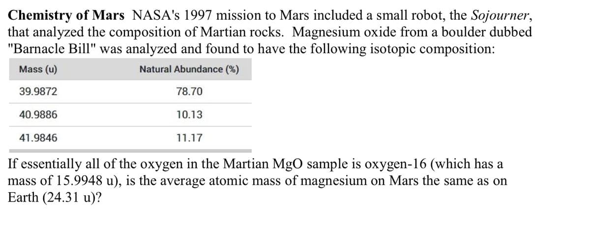 Chemistry of Mars NASA's 1997 mission to Mars included a small robot, the Sojourner,
that analyzed the composition of Martian rocks. Magnesium oxide from a boulder dubbed
"Barnacle Bill" was analyzed and found to have the following isotopic composition:
Mass (u)
Natural Abundance (%)
39.9872
78.70
40.9886
10.13
41.9846
11.17
If essentially all of the oxygen in the Martian MgO sample is oxygen-16 (which has a
mass of 15.9948 u), is the average atomic mass of magnesium on Mars the same as on
Earth (24.31 u)?
