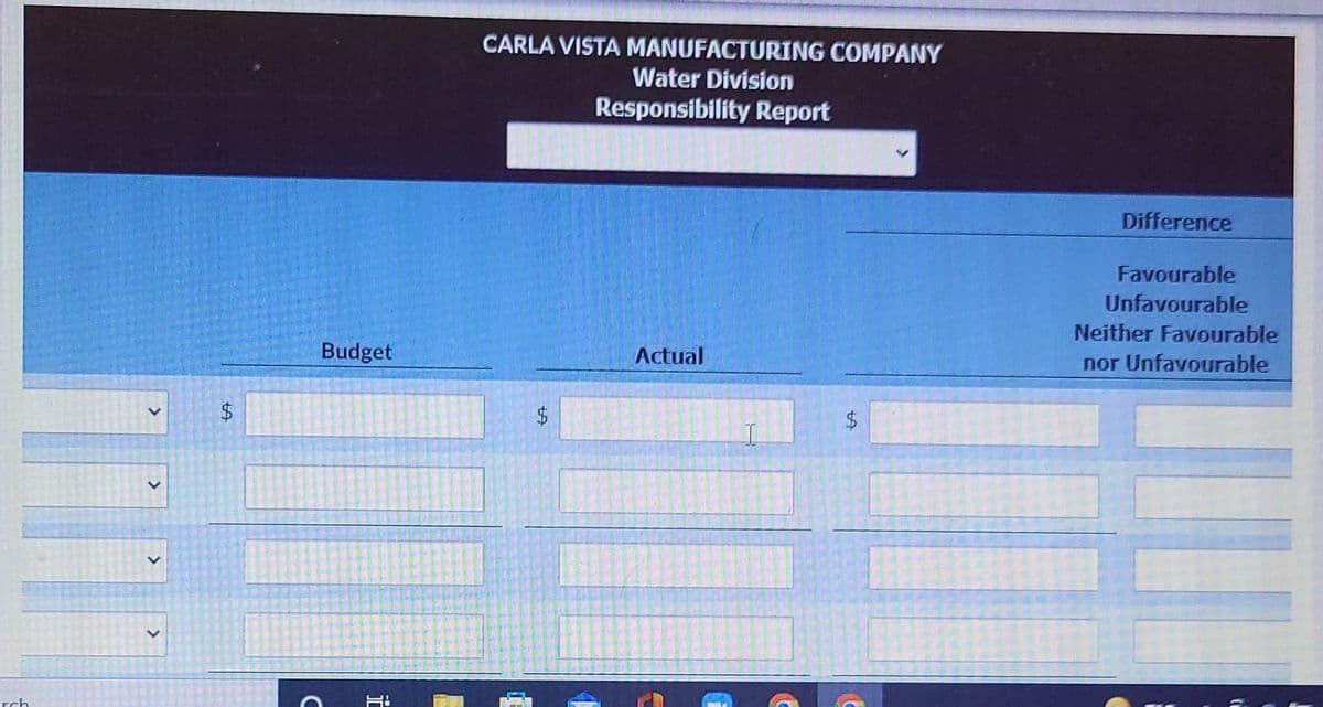 CARLA VISTA MANUFACTURING COMPANY
Water Division
Responsibility Report
Difference
Favourable
Unfavourable
Neither Favourable
Budget
Actual
nor Unfavourable
$4
$4
rch
%24
%24

