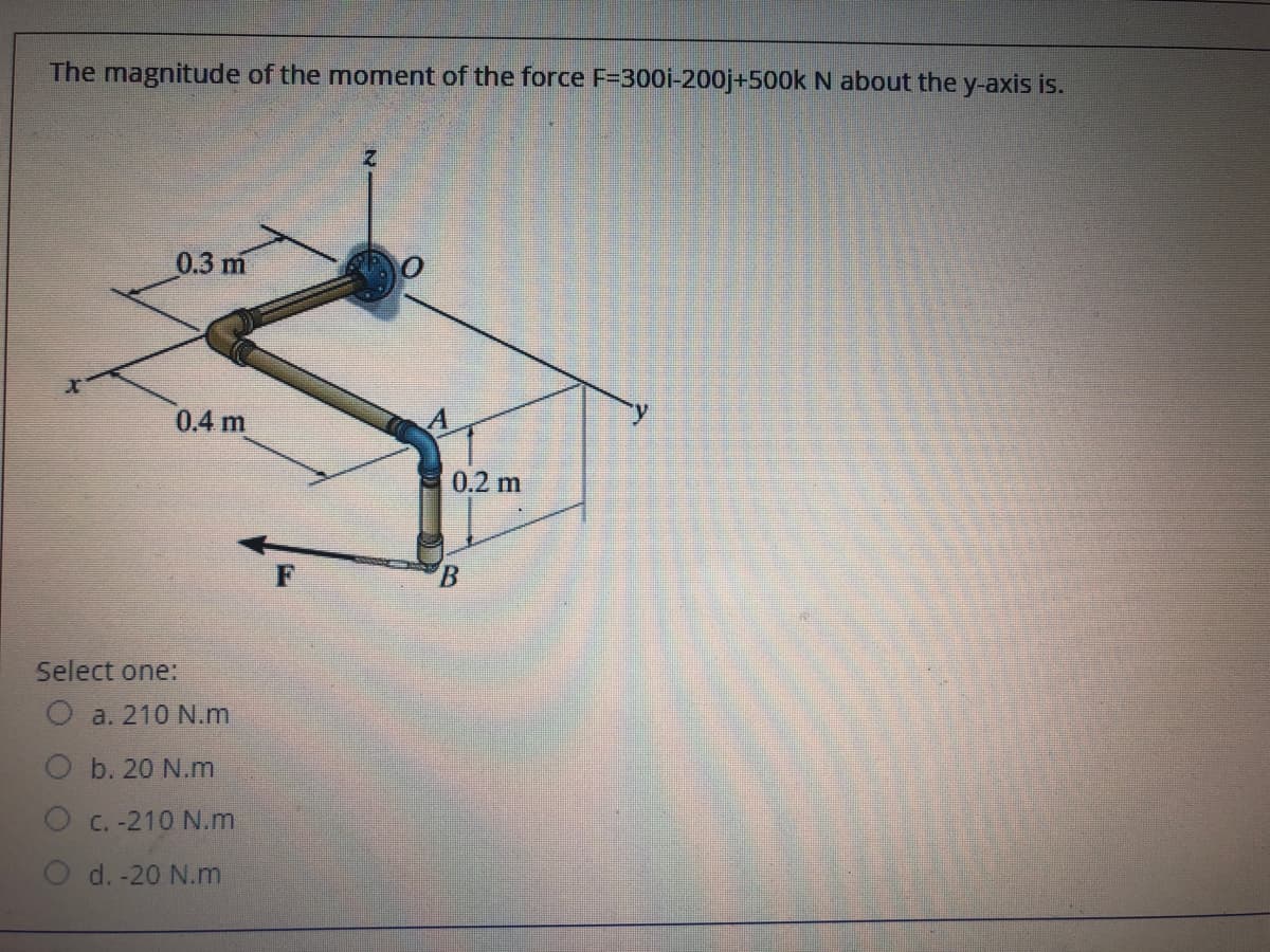 The magnitude of the moment of the force F=300i-200oj+500k N about the y-axis is.
2.
0.3 m
0.4 m
0.2 m
F
Select one:
a. 210 N.m
b. 20 N.m
C. -210 N.m
d. -20 N.m
