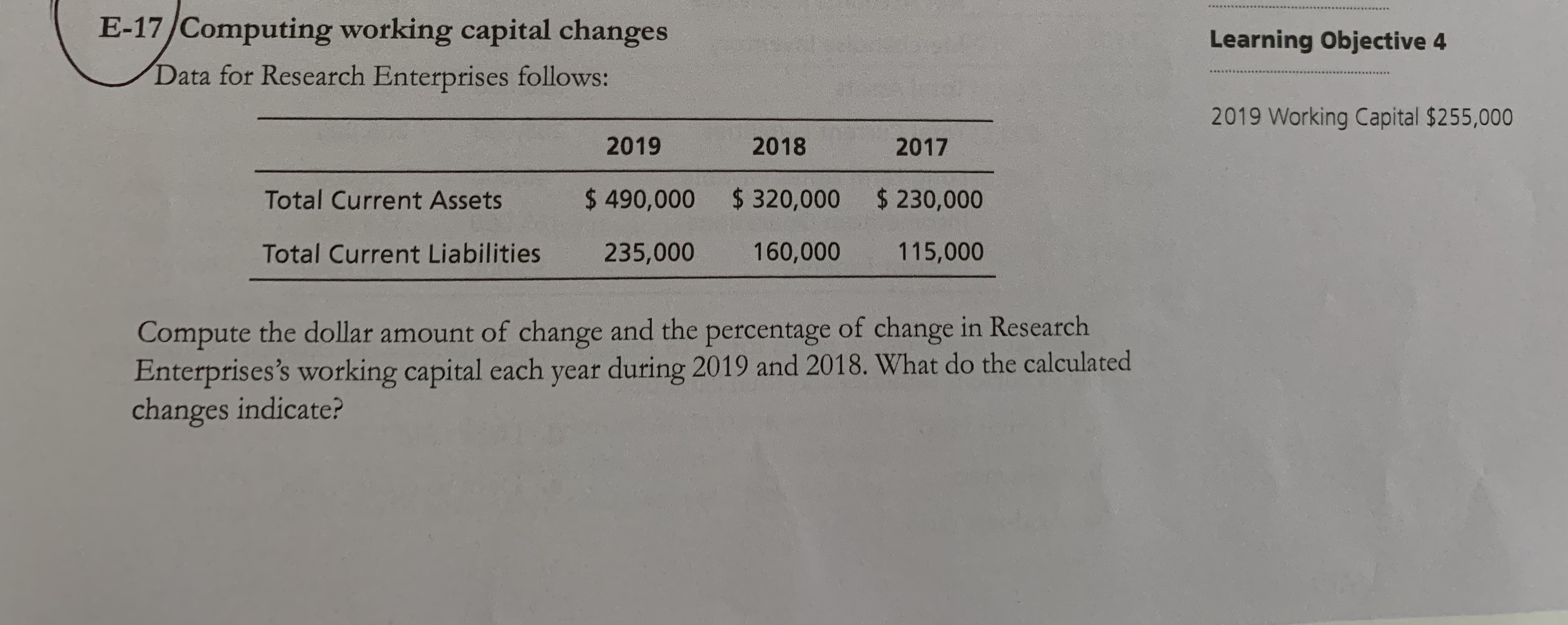 ....
E-17/Computing working capital changes
Learning Objective 4
Data for Research Enterprises follows:
....
2019 Working Capital $255,000
2019
2018
2017
Total Current Assets
$ 490,000
$ 320,000
$ 230,000
Total Current Liabilities
235,000
160,000
115,000
Compute the dollar amount of change and the percentage of change in Research
Enterprises's working capital each year during 2019 and 2018. What do the calculated
changes indicate?
