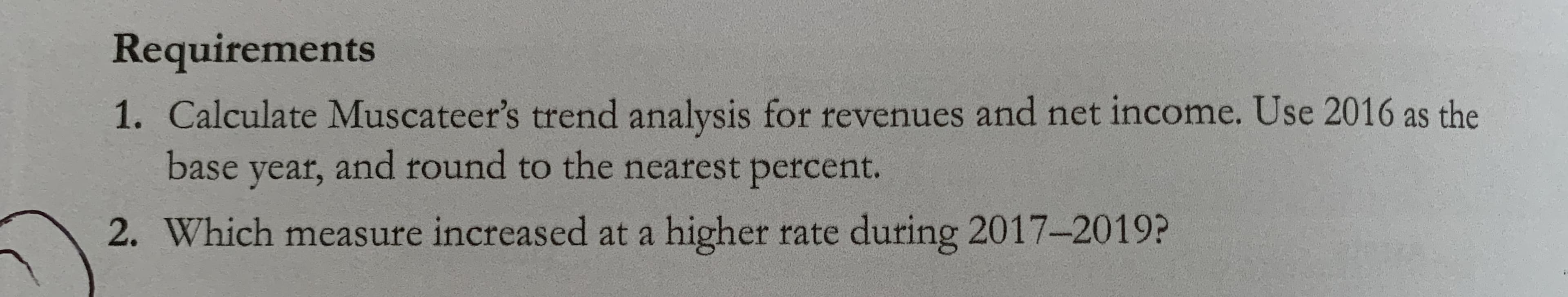 Requirements
1. Calculate Muscateer's trend analysis for revenues and net income. Use 2016 as the
base year, and round to the nearest percent.
2. Which measure increased at a higher rate during 2017-2019?

