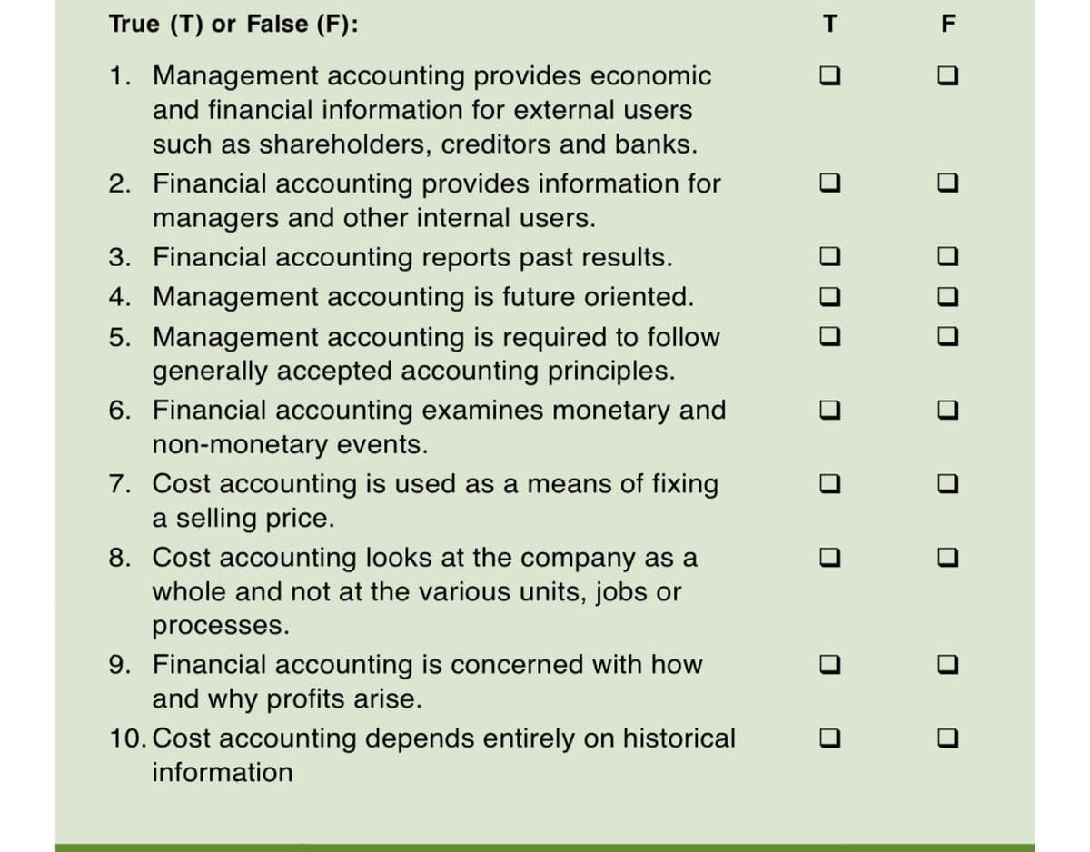 True (T) or False (F):
T
F
1. Management accounting provides economic
and financial information for external users
such as shareholders, creditors and banks.
2. Financial accounting provides information for
managers and other internal users.
3. Financial accounting reports past results.
4. Management accounting is future oriented.
5. Management accounting is required to follow
generally accepted accounting principles.
6. Financial accounting examines monetary and
non-monetary events.
7. Cost accounting is used as a means of fixing
a selling price.
8. Cost accounting looks at the company as a
whole and not at the various units, jobs or
processes.
9. Financial accounting is concerned with how
and why profits arise.
10. Cost accounting depends entirely on historical
information
O O O
O O
O O
O O O
O O
