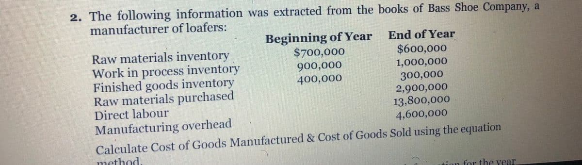 2. The following information was extracted from the books of Bass Shoe Company, a
manufacturer of loafers:
Beginning of Year
$700,000
End of Year
Raw materials inventory
Work in process inventory
Finished goods inventory
Raw materials purchased
Direct labour
$600,000
1,000,000
300,000
2,900,000
13,800,000
4,600,000
900,000
400,000
Manufacturing overhead
Calculate Cost of Goods Manufactured & Cost of Goods Sold using the equation
method.
tion for the vear
