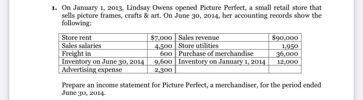 1. On January 1, 2013, Lindsay Owens opened Picture Perfect, a small retail store that
sells picture frames, crafts & art. On June 30, 2014, her accounting records show the
following:
$7,000 Sales revenue
4,500 | Store utilities
600 Purchase of merchandise
9,600 Inventory on January 1, 2014
Store rent
Sales salaries
$90,000
1,950
36,000
Freight in
Inventory on June 30, 2014
Advertising expense
12,000
2,300
Prepare an income statement for Picture Perfect, a merchandiser, for the period ended
June 30, 2014.
