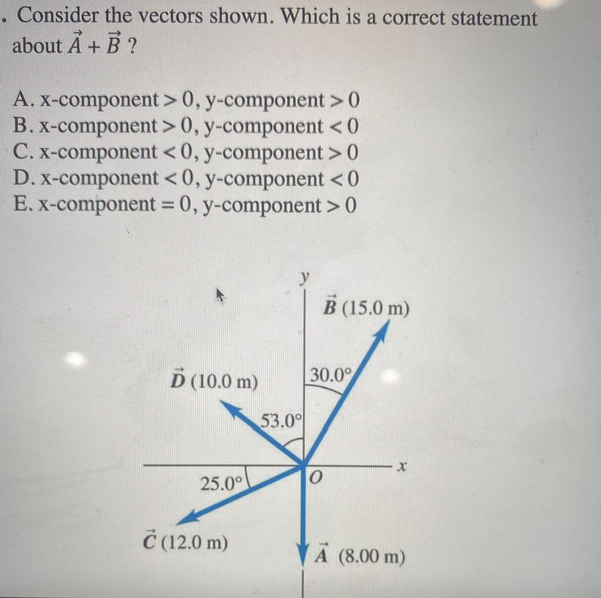 . Consider the vectors shown. Which is a correct statement
about A + B ?
A. x-component > 0, y-component >0
B. x-component >0, y-component <0
C. x-component <0, y-component > 0
D. x-component <0, y-component <0
E. x-component = 0, y-component >0
%3D
y
В (15.0 m)
D (10.0 m)
30.0°
53.0°
25.0°
Č (12.0 m)
A (8.00 m)
