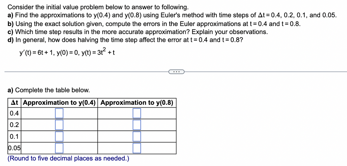Consider the initial value problem below to answer to following.
a) Find the approximations to y(0.4) and y(0.8) using Euler's method with time steps of At=0.4, 0.2, 0.1, and 0.05.
b) Using the exact solution given, compute the errors in the Euler approximations at t = 0.4 and t = 0.8.
c) Which time step results in the more accurate approximation? Explain your observations.
d) In general, how does halving the time step affect the error at t = 0.4 and t = 0.8?
y' (t) = 6t+1, y(0) = 0, y(t) = 3t² + t
a) Complete the table below.
At Approximation to y(0.4)| Approximation to y(0.8)
0.4
0.2
0.1
0.05
(Round to five decimal places as needed.)