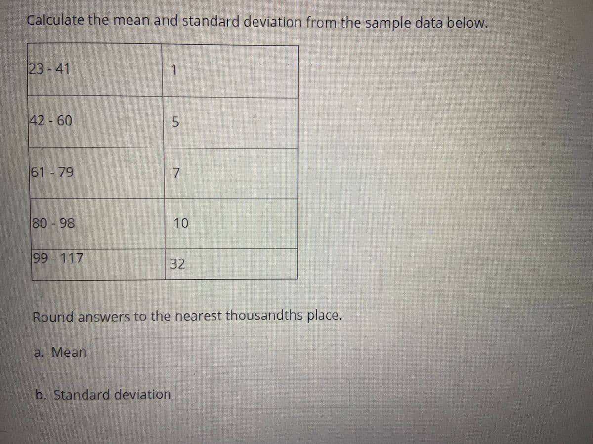 Calculate the mean and standard deviation from the sample data below.
23 - 41
1
42 60
61-79
7
80-98
10
99 -117
32
Round answers to the nearest thousandths place.
a. Mean
b. Standard deviation
