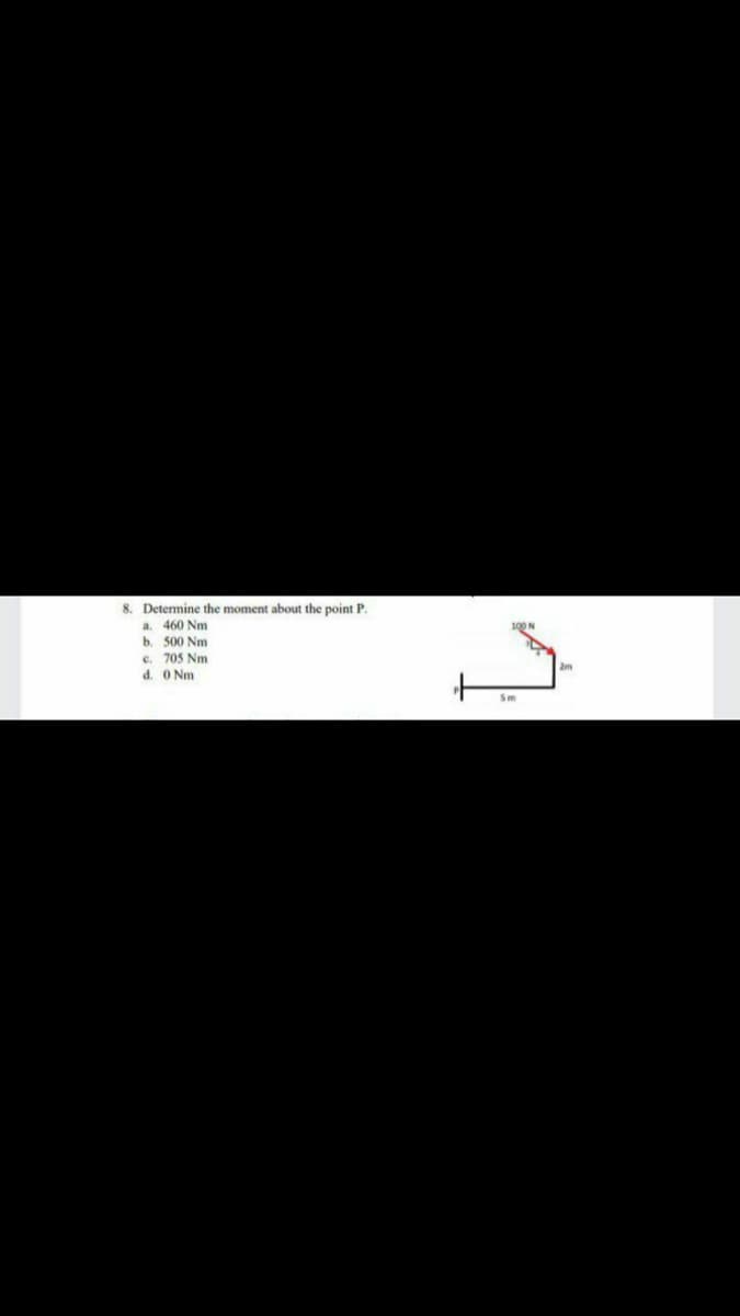 8. Determine the moment about the point P.
a. 460 Nm
b. 500 Nm
c. 705 Nm
d. O Nm
Sm
