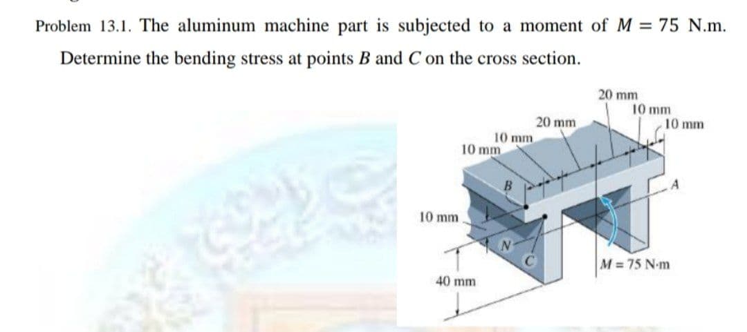 Problem 13.1. The aluminum machine part is subjected to a moment of M = 75 N.m.
Determine the bending stress at points B and C on the cross section.
20 mm
10 mm
10 mm
20 mm
10 mm
10 mm
10 mm
M= 75 N-m
40 mm

