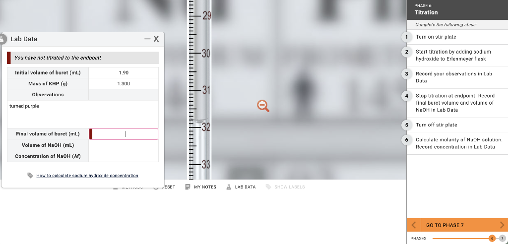 Lab Data
You have not titrated to the endpoint
Initial volume of buret (mL)
Mass of KHP (g)
Observations
turned purple
Final volume of buret (ml)
Volume of NaOH (mL)
Concentration of NaOH (M)
1.90
1.300
T
How to calculate sodium hydroxide concentration
- X
ESET
-29
-30
-31
-32
MY NOTES
ALAB DATA
SHOW LABELS
1
3
2 Start titration by adding sodium
hydroxide to Erlenmeyer flask
5
PHASE 6:
Titration
6
Complete the following steps:
Turn on stir plate
Record your observations in Lab
Data
Stop titration at endpoint. Record
final buret volume and volume of
NaOH in Lab Data
Turn off stir plate
Calculate molarity of NaOH solution.
Record concentration in Lab Data
PHASES
GO TO PHASE 7
>
7