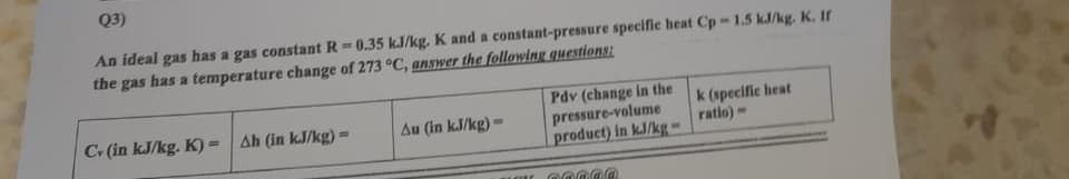 Q3)
An ideal gas has a gas constant R=0.35 kJ/kg. K and a constant-pressure specific heat Cp 1.5 kJ/kg. K. If
the gas has a temperature change of 273 °C, answer the followlng questions:
%3D
Pdv (change in the
pressure-volume
product) in kJ/kg-
k (specific heat
ratio) -
C- (in kJ/kg. K)=
Ah (in kJ/kg) =
Au (in kJ/kg) =
%3D
