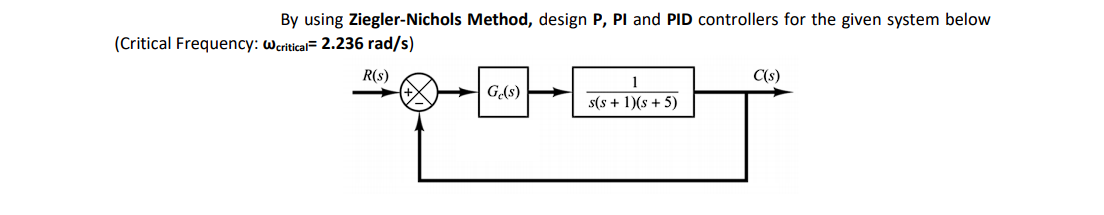 By using Ziegler-Nichols Method, design P, PI and PID controllers for the given system below
(Critical Frequency: weritical= 2.236 rad/s)
R(s)
C(s)
G(s) >
s(s + 1)(s + 5)
