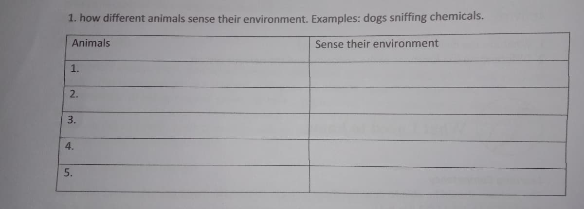 1. how different animals sense their environment. Examples: dogs sniffing chemicals.
Animals
Sense their environment
1.
2.
3.
4.
5.
