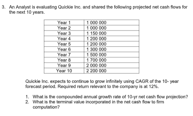 3. An Analyst is evaluating Quickie Inc. and shared the following projected net cash flows for
the next 10 years.
Year 1
Year 2
Year 3
Year 4
Year 5
Year 6
1 000 000
1 000 000
1 150 000
1 200 000
1 200 000
1 300 000
Year 7
1 500 000
Year 8
1 700 000
Year 9
2 000 000
Year 10
2 200 000
Quickie Inc. expects to continue to grow infinitely using CAGR of the 10- year
forecast period. Required return relevant to the company is at 12%.
1. What is the compounded annual growth rate of 10-yr net cash flow projection?
2. What is the terminal value incorporated in the net cash flow to firm
computation?
