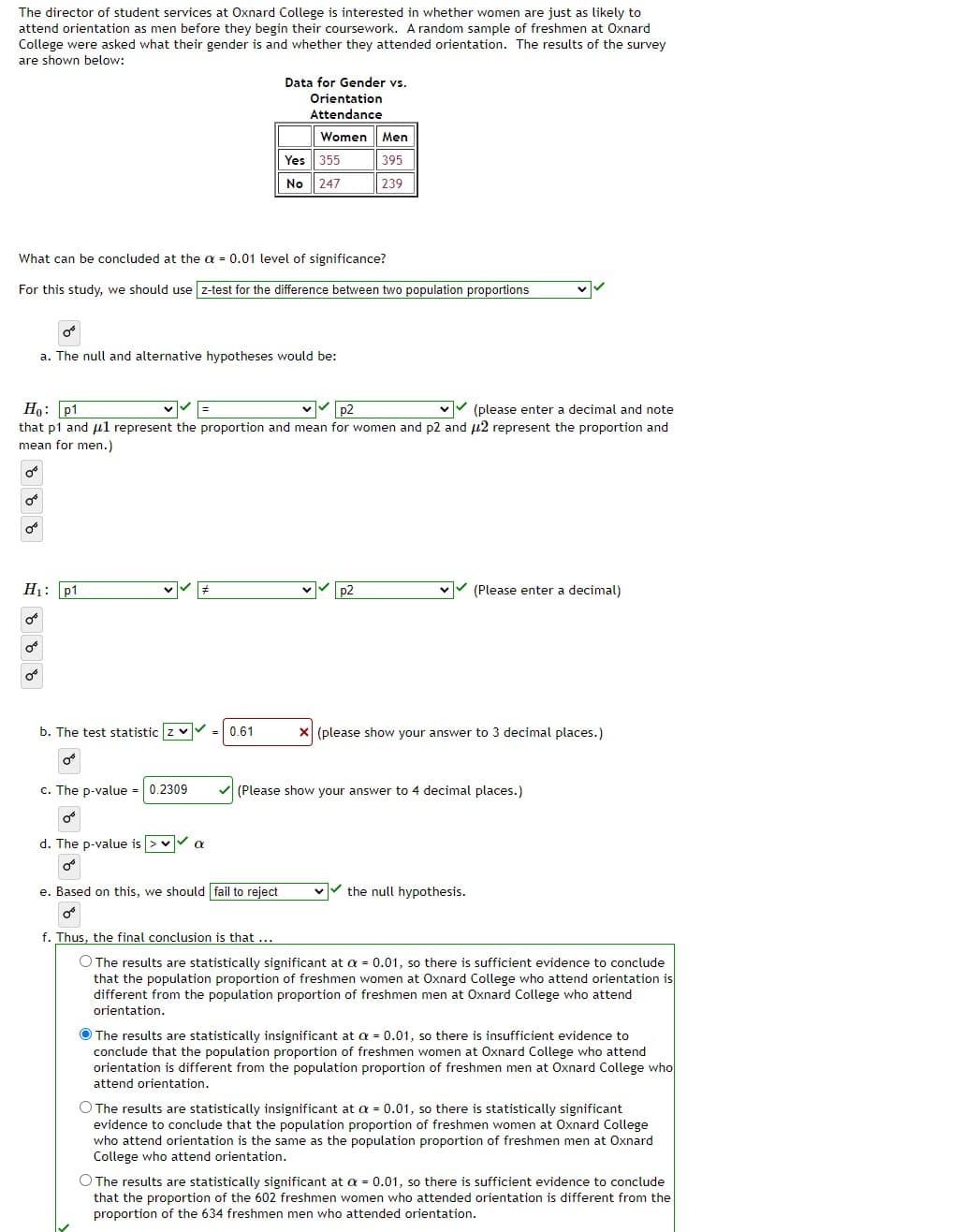 The director of student services at Oxnard College is interested in whether women are just as likely to
attend orientation as men before they begin their coursework. A random sample of freshmen at Oxnard
College were asked what their gender is and whether they attended orientation. The results of the survey
are shown below:
Data for Gender vs.
Orientation
Attendance
Women Men
Yes
355
395
No 247
239
What can be concluded at the a = 0.01 level of significance?
For this study, we should use z-test for the difference between two population proportions
of
a. The null and alternative hypotheses would be:
Но: р1
vV (please enter a decimal and note
p2
that p1 and ul represent the proportion and mean for women and p2 and u2 represent the proportion and
mean for men.)
Hị: p1
V p2
v (Please enter a decimal)
b. The test statistic z v =0.61
X (please show your answer to 3 decimal places.)
c. The p-value = 0.2309
(Please show your answer to 4 decimal places.)
d. The p-value is >va
e. Based on this, we should fail to reject
the null hypothesis.
f. Thus, the final conclusion is that ...
O The results are statistically significant at a = 0.01, so there is sufficient evidence to conclude
that the population proportion of freshmen women at Oxnard College who attend orientation is
different from the population proportion of freshmen men at Oxnard College who attend
orientation.
The results are statistically insignificant at a = 0.01, so there is insufficient evidence to
conclude that the population proportion of freshmen women at Oxnard College who attend
orientation is different from the population proportion of freshmen men at Oxnard College who
attend orientation.
O The results are statistically insignificant at a = 0.01, so there is statistically significant
evidence to conclude that the population proportion of freshmen women at Oxnard College
who attend orientation is the same as the population proportion of freshmen men at Oxnard
College who attend orientation.
O The results are statistically significant at a = 0.01, so there is sufficient evidence to conclude
that the proportion of the 602 freshmen women who attended orientation is different from the
proportion of the 634 freshmen men who attended orientation.
