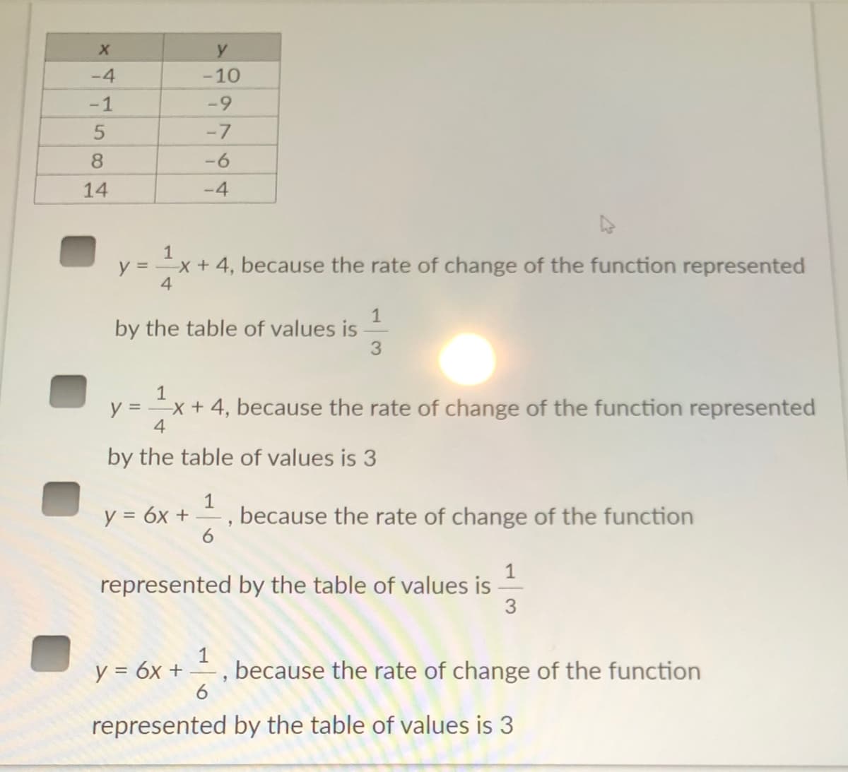 y
-4
-10
-1
-9
-7
8
-6
14
-4
1
y = x + 4, because the rate of change of the function represented
1
by the table of values is
3.
1
y = x + 4, because the rate of change of the function represented
4
by the table of values is 3
1
because the rate of change of the function
6.
y = 6x +
1
represented by the table of values is
3
1
because the rate of change of the function
6
y = 6x +
represented by the table of values is 3
