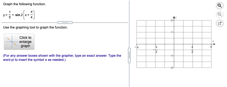 Graph the following function.
+ sin 2 x+
Use the graphing tool to graph the function.
Click to
-enlarge
graph
2
(For any answer boxes shown with the grapher, type an exact answer. Type the
word pi to insert the symbol 1 as needed.)
-4
.....
