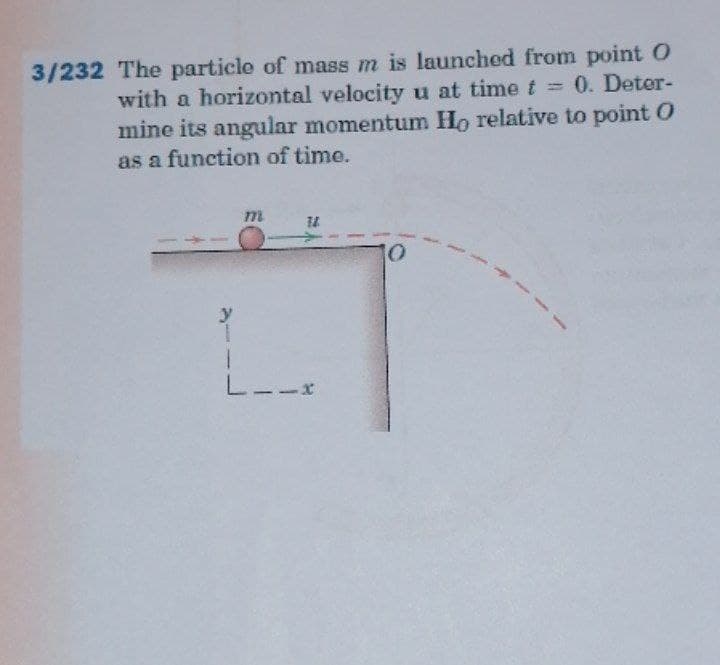 3/232 The particle of mass m is launched from point O
with a horizontal velocityu at time t = 0. Deter-
mine its angular momentum Ho relative to point O
as a function of time.
m
10
1.
L--x
