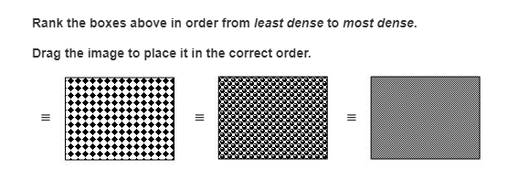 Rank the boxes above in order from least dense to most dense.
Drag the image to place it in the correct order.
II
