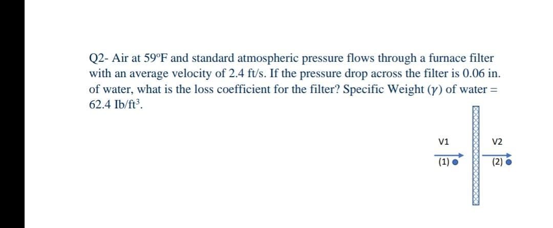 Q2- Air at 59°F and standard atmospheric pressure flows through a furnace filter
with an average velocity of 2.4 ft/s. If the pressure drop across the filter is 0.06 in.
of water, what is the loss coefficient for the filter? Specific Weight (y) of water =
62.4 Ib/ft.
V1
V2
(1) •
(2)
