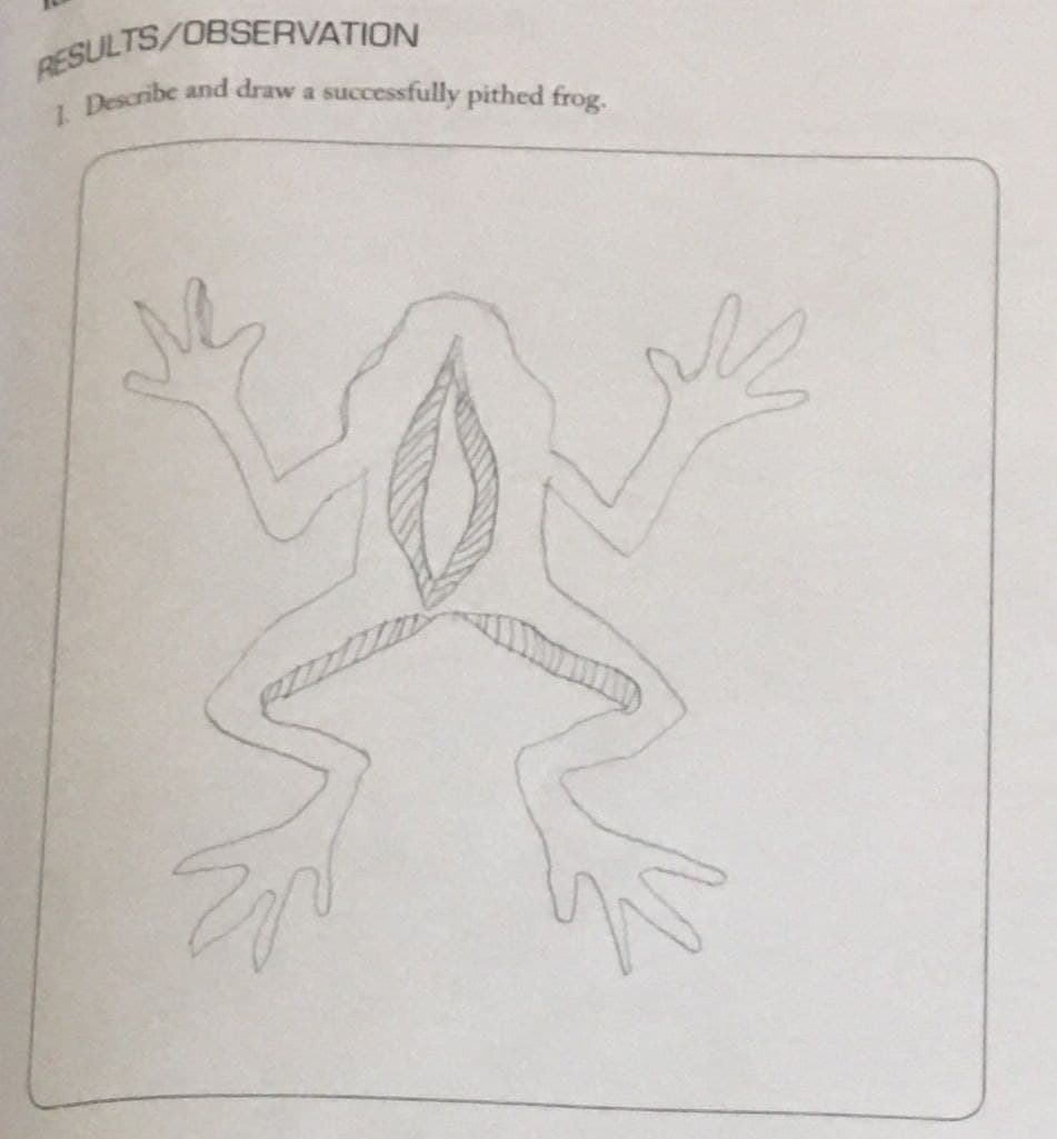 RESULTS/OBSERVATION
1. Describe and draw a successfully pithed frog.