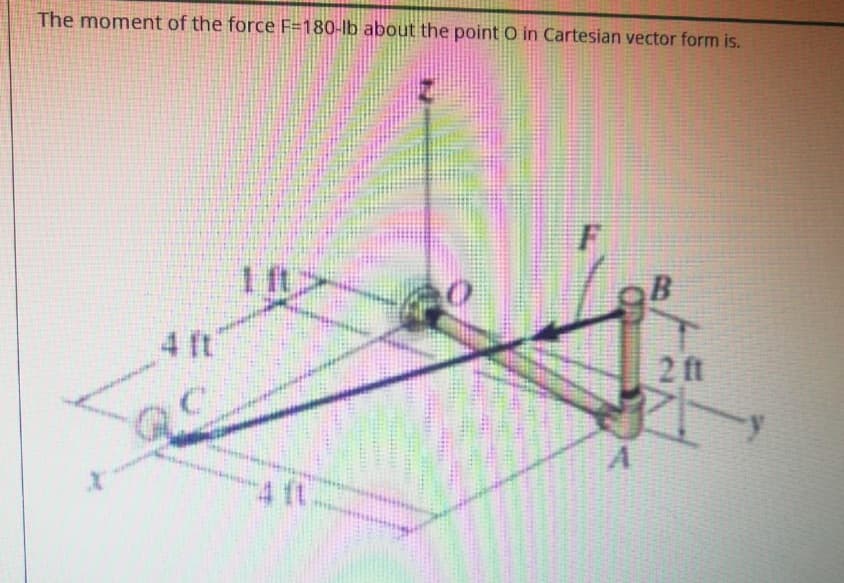 The moment of the force F=180-lb about the point O in Cartesian vector form is.
B
4 ft
2 ft
