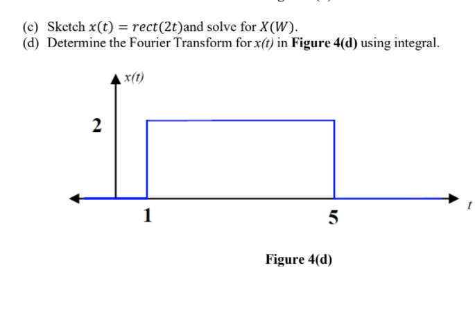 (c) Sketch x(t) = rect(2t)and solve for X(W).
(d) Determine the Fourier Transform for x(t) in Figure 4(d) using integral.
x(t)
2
1
5
Figure 4(d)
