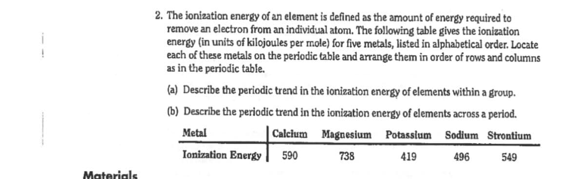 2. The ionization energy of an element is defined as the amount of energy required to
remove an electron from an individual atom. The following table gives the ionization
energy (in units of kilojoules per mole) for five metals, listed in alphabetical order. Locate
each of these metals on the periodic table and arrange them in order of rows and columns
as in the periodic table.
(a) Describe the periodic trend in the ionization energy of elements within a group.
(b) Describe the periodic trend in the ionization energy of elements across a period.
Metal
Calcium
Magnesium
Potassium
Sodium Strontium
Ionization Energy
590
738
419
496
549
Materials
