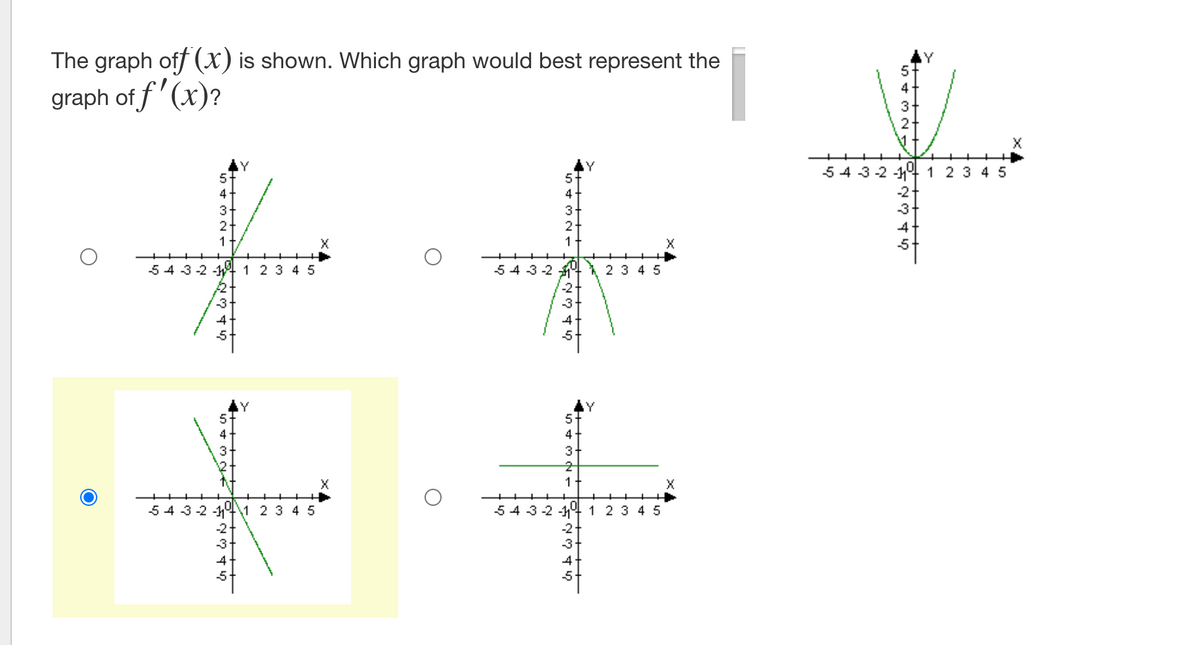 The graph off (x) is shown. Which graph would best represent the
5
4
graph of f' (x)?
3
21
Y
5
54 3-2 -14 123 4 5
5
4
4
3
3+
-3
2
2
1
1
54 3 -2 -
1 2 3 4 5
5 4 -3 -2
* 2 3 4 5
-3+
4
-3
Y
5
4
4
1
54 3-2 -141 2 3 4 5
-2
54 3 -2 -41 2 3 45
-3-
-3
4
+++ +++ +++
++++
