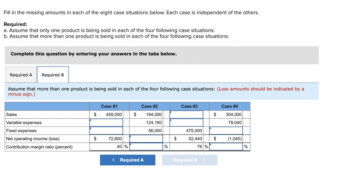 Fill in the missing amounts in each of the eight case situations below. Each case is independent of the others.
Required:
a. Assume that only one product is being sold in each of the four following case situations:
b. Assume that more than one product is being sold in each of the four following case situations:
Complete this question by entering your answers in the tabs below.
Required A
Required B
Assume that more than one product is being sold in each of the four following case situations: (Loss amounts should be indicated by a
minus sign.)
Case #1
Case #2
Case #3
Case #4
Sales
$
459,000
$
194,000
$
304,000
Variable expenses
124,160
79,040
Fixed expenses
56,000
475,000
Net operating income (loss)
$
72,600
$
52,440
$
(1,040)
Contribution margin ratio (percent)
40 %
76 %
< Required A
Required B
%24
%24
