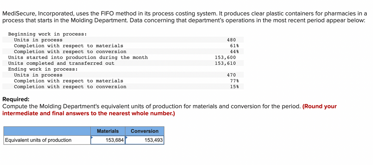 MediSecure, Incorporated, uses the FIFO method in its process costing system. It produces clear plastic containers for pharmacies in a
process that starts in the Molding Department. Data concerning that department's operations in the most recent period appear below:
Beginning work in process:
Units in process
480
Completion with respect to materials
Completion with respect to conversion
Units started into production during the month
Units completed and transferred out
Ending work in process:
Units in process
61%
44%
153,600
153,610
470
Completion with respect to materials
Completion with respect to conversion
77%
15%
Required:
Compute the Molding Department's equivalent units of production for materials and conversion for the period. (Round your
intermediate and final answers to the nearest whole number.)
Materials
Conversion
Equivalent units of production
153,684
153,493
