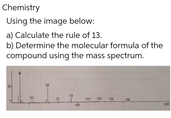 Chemistry
Using the image below:
a) Calculate the rule of 13.
b) Determine the molecular formula of the
compound using the mass spectrum.
50-
53
69
79
93
h
100
111 123 136
154
200