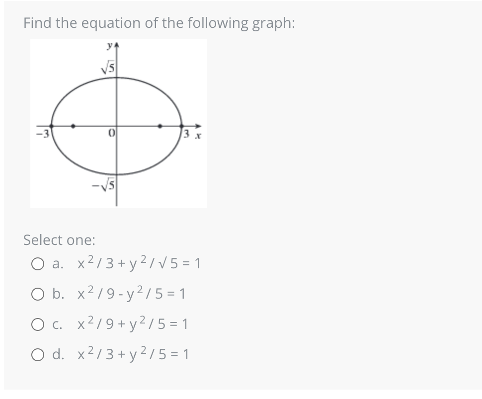 Find the equation of the following graph:
ان
3 x
Select one:
O a. x²/3 + y² / √5=1
O b. x²/9-y2/5=1
O c. x²/9+y²/5=1
O d. x²/3+y2/5=1