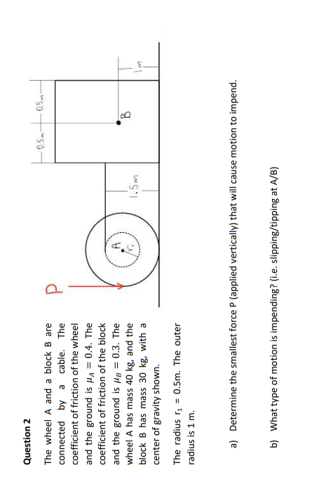 Question 2
The wheel A and a block B are
connected by a cable. The
coefficient of friction of the wheel
and the ground is HA = 0.4. The
coefficient of friction of the block
and the ground is HB = 0.3. The
wheel A has mass 40 kg, and the
block B has mass 30 kg, with a
%3D
center of gravity shown.
The radius r, = 0.5m. The outer
radius is 1 m.
a) Determine the smallest force P (applied vertically) that will cause motion to impend.
b) What type of motion is impending? (i.e. slipping/tipping at A/B)
