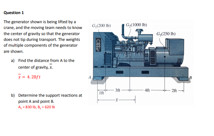 Question 1
The generator shown is being lifted by a
G|(200 lb)
G2(1000 lb)
crane, and the moving team needs to know
the center of gravity so that the generator
does not tip during transport. The weights
of multiple components of the generator
G3(250 lb)
are shown.
a) Find the distance from A to the
center of gravity, x.
x = 4. 28ft
A.
1ft
3ft
4ft
- 2ft
b) Determine the support reactions at
point A and point B.
A, = 830 Ib, B, = 620 Ib
