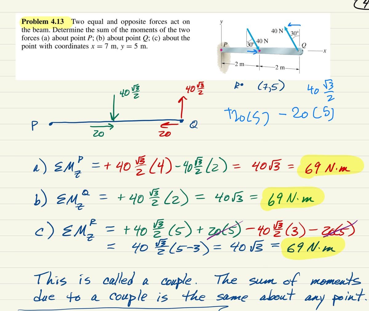 Problem 4.13 Two equal and opposite forces act on
the beam. Determine the sum of the moments of the two
forces (a) about point P; (b) about point Q; (c) about the
point with coordinates x = 7 m, y = 5 m.
P
a) EM₂
Z
Zo
b) EM ²
MIN
40 VE
20
40153353
IN
Q
-2 m-
30°
40 N
This is called a couple.
due to a
40 N
-2 m.
30°
P
= + 40 v ₂² (4) - 401/²2 (2) = 40√3 = 69 N·m
Ro (7,5) 401/2
2
12015) - 20 (5)
=
+ 40 1/²2 (2) = 40√3 = 69 N.m
-X
R
√√3
c) EM = 40 (5) + 2065) - H0V (3) 265)
z
2
=
40 1/² (5-3) = 40√3
69 №.m
-
4
The sum of moments
couple is the same about
any point.