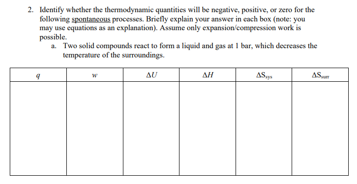 2. Identify whether the thermodynamic quantities will be negative, positive, or zero for the
following spontaneous processes. Briefly explain your answer in each box (note: you
may use equations as an explanation). Assume only expansion/compression work is
possible.
a. Two solid compounds react to form a liquid and gas at 1 bar, which decreases the
temperature of the surroundings.
9
W
AU
ΔΗ
AS sys
AS Surr