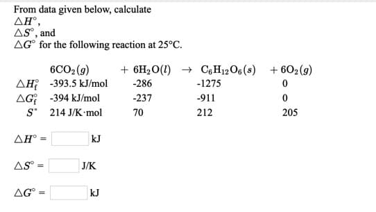 From data given below, calculate
ΔΗ
AS, and
AG for the following reaction at 25°C.
6CO2 (9)
+ 6H2O(1) → CeH12O6(s) + 602(g)
AH -393.5 kJ/mol
AG -394 kJ/mol
S* 214 J/K-mol
-286
-1275
-237
-911
70
212
205
ΔΗ
kJ
AS
J/K
%3!
AG
kJ
