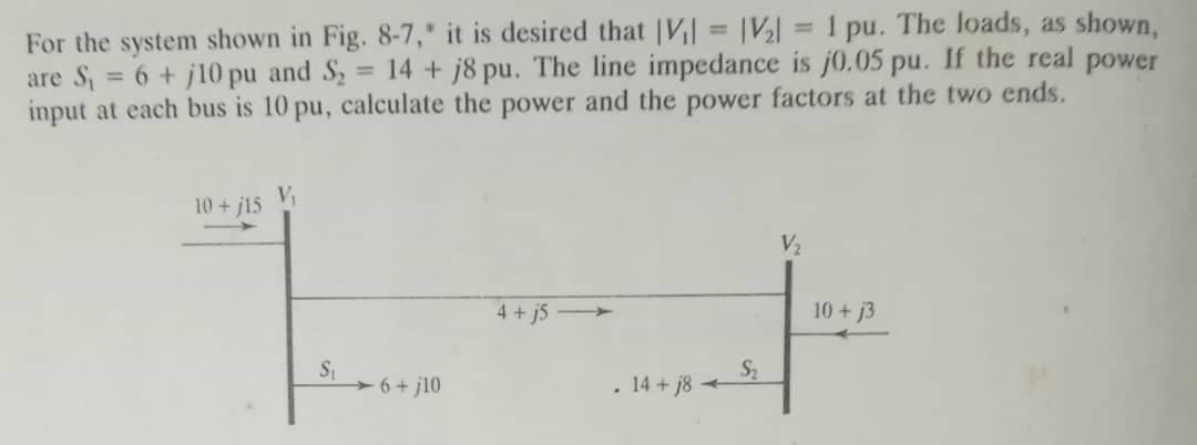 %3D
For the system shown in Fig. 8-7,* it is desired that |V = |Vl = 1 pu. The loads, as shown,
are S
= 6 + j10 pu and S, = 14 + j8 pu. The line impedance is j0.05 pu. If the real power
input at each bus is 10 pu, calculate the power and the power factors at the two ends.
VR
10 + j15
V2
4 + j5
10 + j3
S
6 + j10
S2
14 + j8
