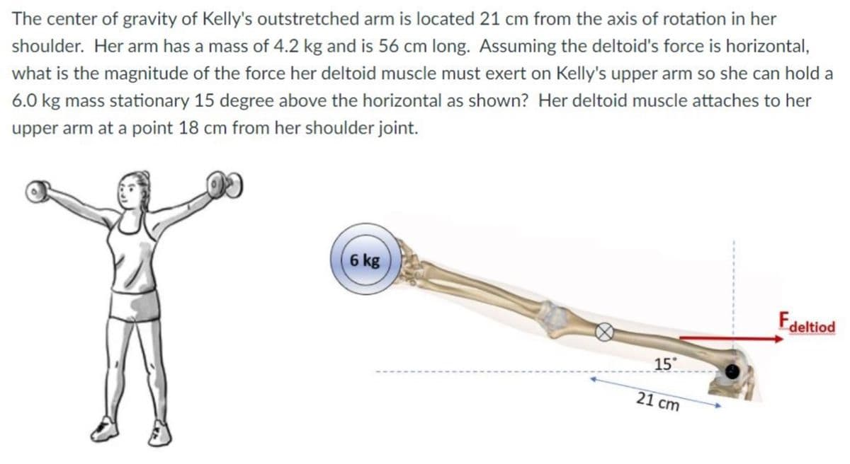 The center of gravity of Kelly's outstretched arm is located 21 cm from the axis of rotation in her
shoulder. Her arm has a mass of 4.2 kg and is 56 cm long. Assuming the deltoid's force is horizontal,
what is the magnitude of the force her deltoid muscle must exert on Kelly's upper arm so she can hold a
6.0 kg mass stationary 15 degree above the horizontal as shown? Her deltoid muscle attaches to her
upper arm at a point 18 cm from her shoulder joint.
6 kg
15°
21 cm
Fdeltiod