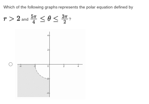 Which of the following graphs represents the polar equation defined by
37
r> 2 and
57
4
