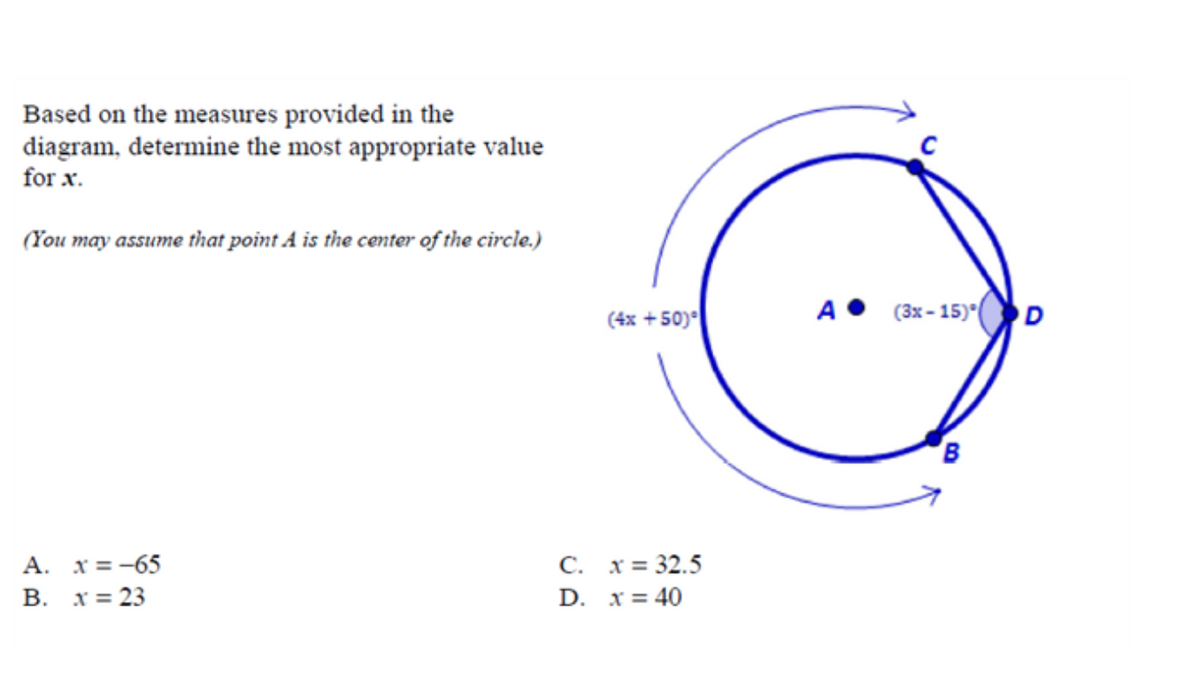 Based on the measures provided in the
diagram, determine the most appropriate value
for x.
(You may assume that point A is the center of the circle.)
(4x + 50)
A
(3x - 15) D
A. x =-65
В. х%3D 23
C. x= 32.5
D. x = 40
%3D
