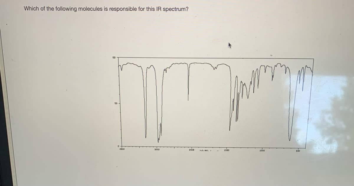 Which of the following molecules is responsible for this IR spectrum?
50
4000
2000
IS00
100
