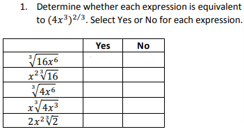 1.
Determine whether each expression is equivalent
to (4x3)2/3. Select Yes or No for each expression.
Yes
No
16x6
X²V16
V4x6
XV4X3
2x2V7
