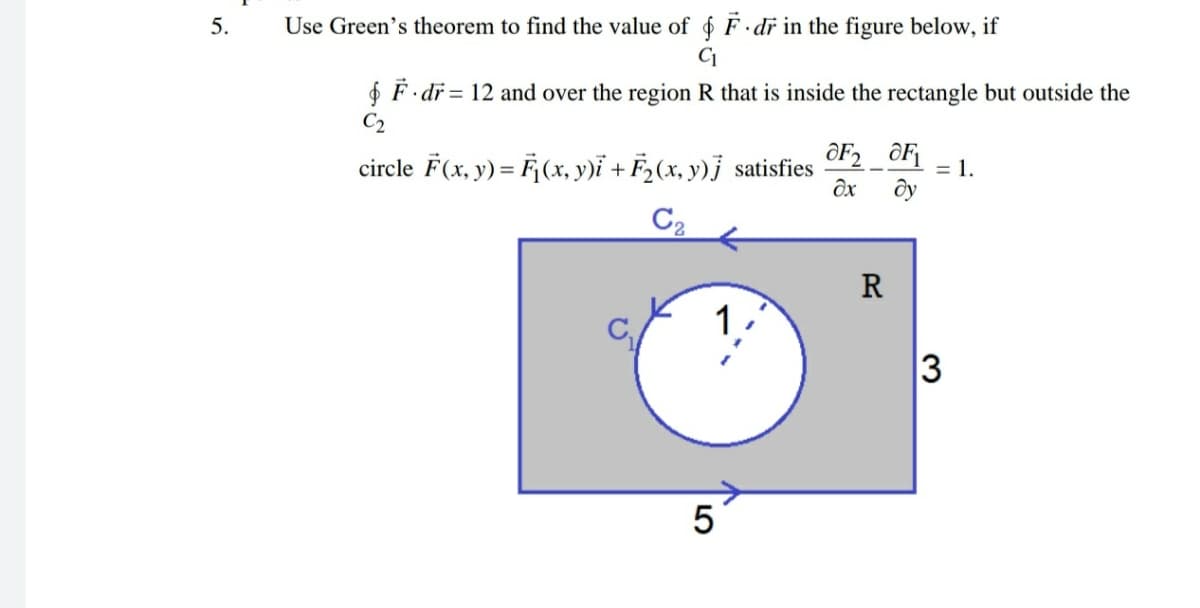 5.
Use Green's theorem to find the value of F.dř in the figure below, if
$ F dr = 12 and over the region R that is inside the rectangle but outside the
C2
circle F(x, y) = F¡(x, y)i + F2(x, y)j satisfies
= 1.
ôy
C2
R
3
5
