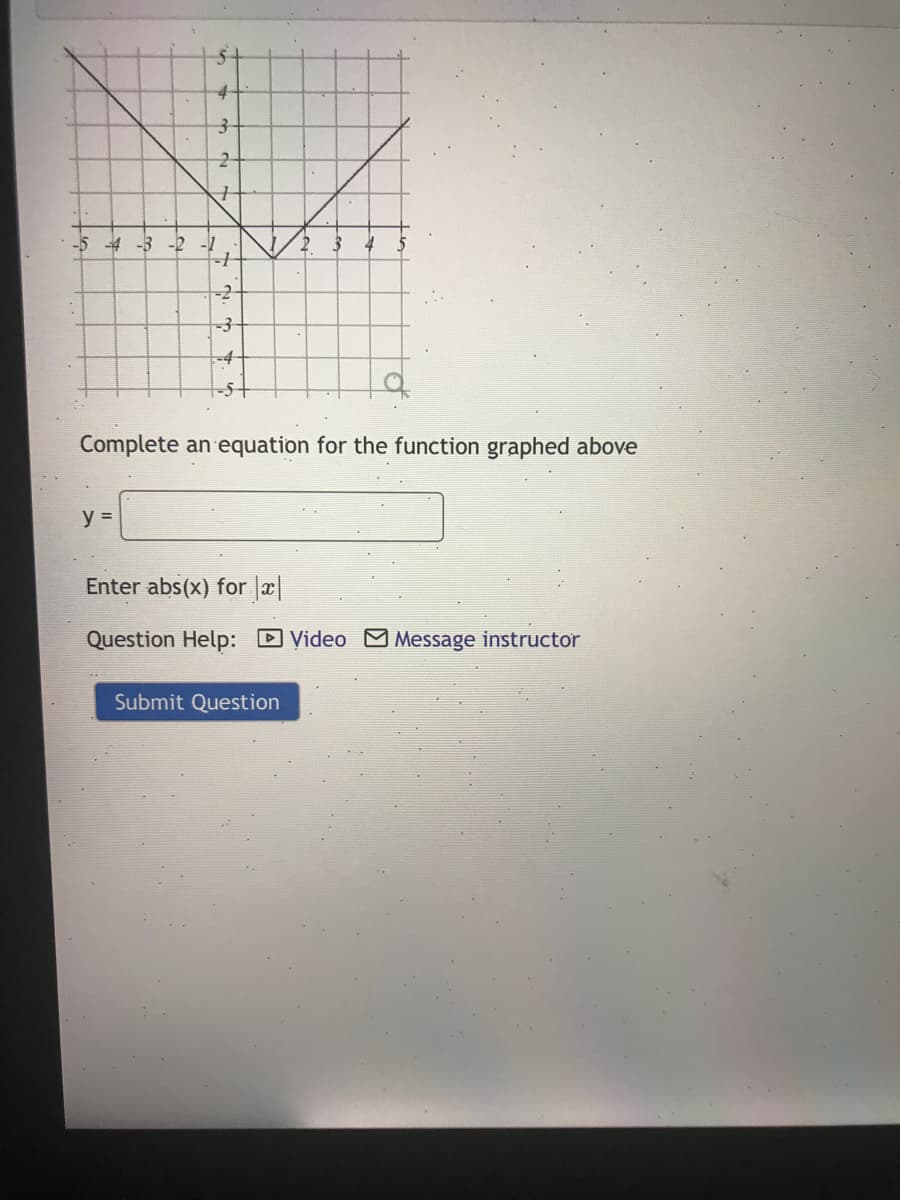 4-
-5-4 -3
-2
-3
-4
Complete an equation for the function graphed above
y =
Enter abs(x) for a|
Question Help: D Video M Message instructor
Submit Question
