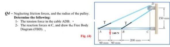 24-Neglecting friction forces, and the radius of the pulley.
Determine the following:
1- The tension force in the cable ADB.
2- The reaction forces at C, and draw the Free Body
Diagram (FBD).
Fig. (4)
140 N
80 mm 80 mm
B
200 mm
150 mm