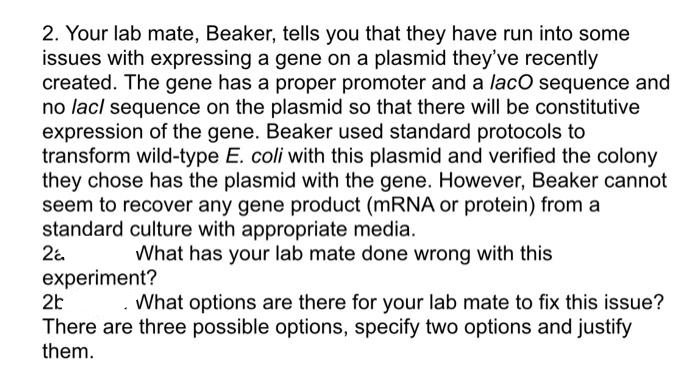 2. Your lab mate, Beaker, tells you that they have run into some
issues with expressing a gene on a plasmid they've recently
created. The gene has a proper promoter and a lacO sequence and
no lacl sequence on the plasmid so that there will be constitutive
expression of the gene. Beaker used standard protocols to
transform wild-type E. coli with this plasmid and verified the colony
they chose has the plasmid with the gene. However, Beaker cannot
seem to recover any gene product (mRNA or protein) from a
standard culture with appropriate media.
2a
What has your lab mate done wrong with this
experiment?
26
There are three possible options, specify two options and justify
them.
What options are there for your lab mate to fix this issue?
